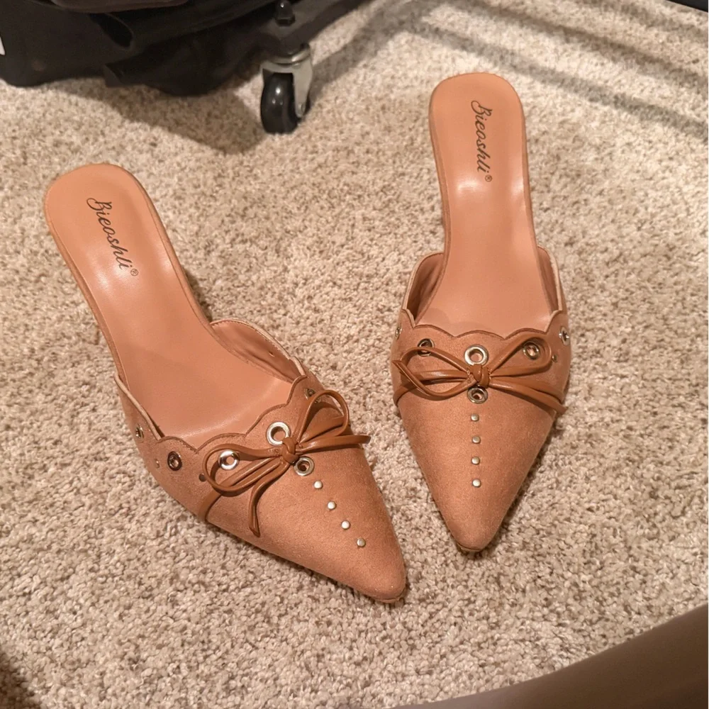ASOS - Pointed toe faux suede pointed toe heeled mules bow studded tan beige